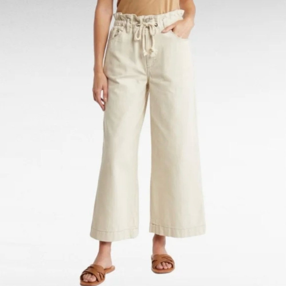 Kensie Women's‎ Cream 100% Cotton Wide-Leg Jeans High Paperbag Waist Size 29